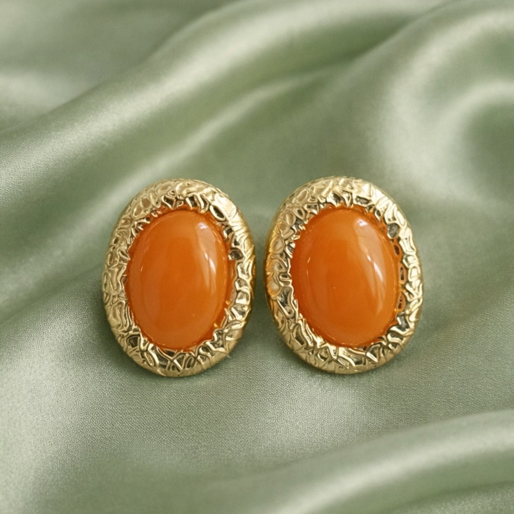 Retro Orange Gem Earrings | Chunky Gold Frame Earrings